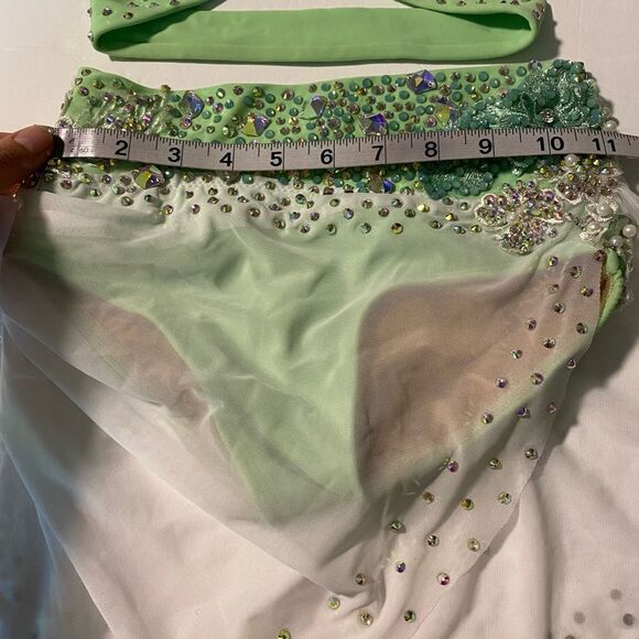 Solo custom dance costume leotard 2 piece mint green rhinestoned LC child - Picture 9 of 13